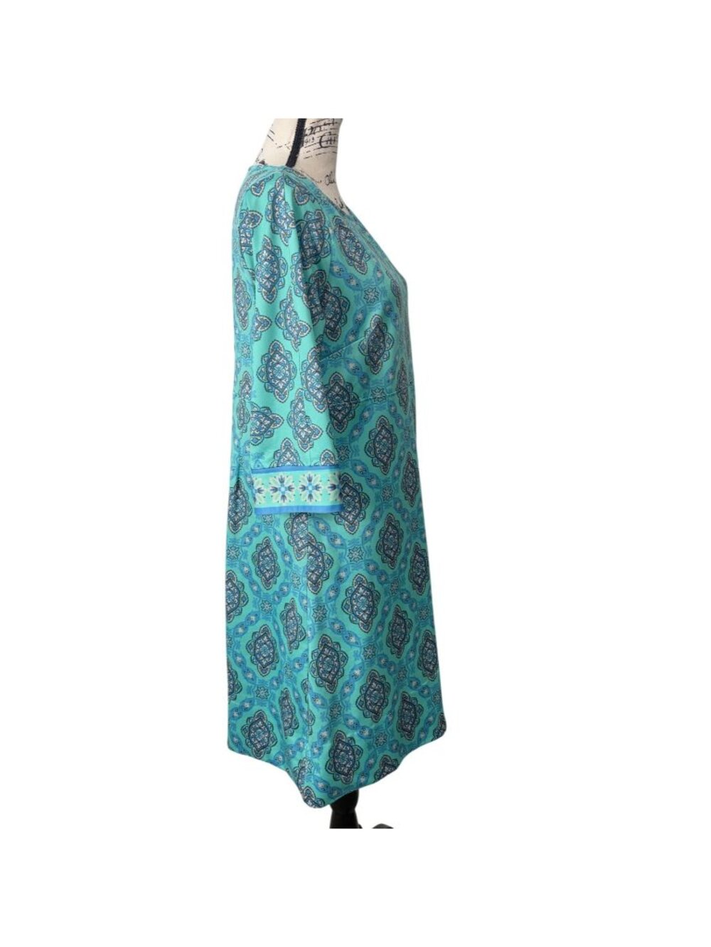 Gretchen Scott Womens Size L Dress Turquoise Medallion Print 3/4 Sleeve Boat-Nec - Picture 2 of 7
